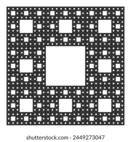 Sierpinski carpet, plane fractal, sixth step. Starting with a square, cut into 9 congruent subsquares, the central one removed. Same procedure then applied recursively to the remaining 8 subsquares.