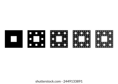 Sierpinski carpet, plane fractal. Starting with a square, cut into 9 congruent subsquares, the central one removed. Same procedure then applied recursively to the remaining 8 subsquares, ad infinitum.