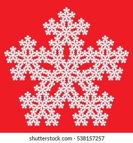 Sierpinski Pentagon 4th iteration Pentaflake with center, fractal, vector, snowflake, white on red background