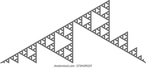 Sierpinski Dreieck fraktales Muster auf weißem Hintergrund mit acht Iterationen, durch schwarze Dreiecke gebildet, mit einer abstrakten geometrischen Struktur, Symmetrie, Einzigartigkeit und Selbstähnlichkeit. Geeignet für mathematische, wissenschaftliche und pädagogische Illustration, Hintergrunddesign, Poster und Dekoration.