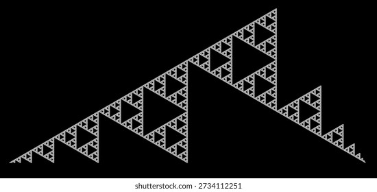 Sierpinski triangle fractal pattern on a black background with eight iterations, formed by white triangles, with an abstract geometric structure, symmetry, uniqueness and self-similarity. Suitable for mathematical, scientific and educational illustration, background design, posters and decoration.