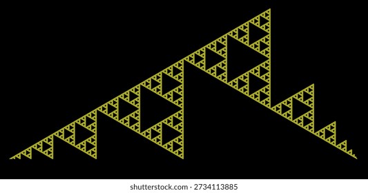 Sierpinski Dreieck fraktales Muster auf schwarzem Hintergrund mit acht Iterationen, durch gelbe Dreiecke gebildet, mit einer abstrakten geometrischen Struktur, Symmetrie, Einzigartigkeit und Selbstähnlichkeit. Geeignet für mathematische, wissenschaftliche und pädagogische Illustration, Hintergrunddesign, Poster und Dekoration.