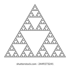 Sierpinski triangle, a plane fractal, seventh iteration step. Starting with a triangle, subdivided into four smaller triangles, removing the central one. Repeating step two with each smaller triangle.