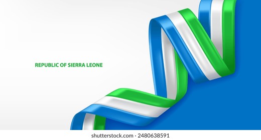 Sierra Leone 3D-Band-Flagge. Gebogene schwenkende 3D-Flagge in den Farben der Sierra Leone Nationalflagge. Hintergrunddesign der Nationalflagge.