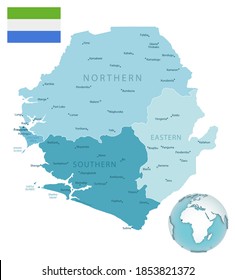 Sierra Leone administrative blue-green map with country flag and location on a globe. Vector illustration