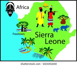 Sierra Leone. Africa. Illustrated map. The background is the color of the national flag of the country. The figure shows the silhouettes of Sierra Leone residents in national costumes (Mende People)