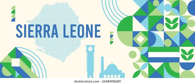 Serra Leoa Banner Design com mapa e símbolos nacionais, formas geométricas