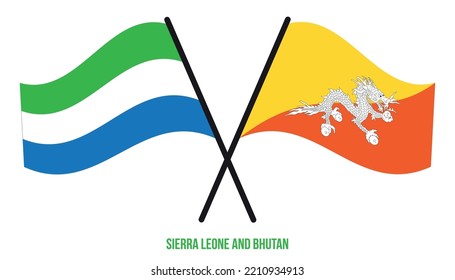 Sierra Leone and Bhutan Flags Crossed And Waving Flat Style. Official Proportion. Correct Colors.