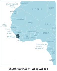 Sierra Leone - blue map with neighboring countries and names. Vector illustration