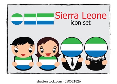 Sierra Leone boy, girl, businessman, business women cartoon vector illustration and Sierra Leone round, square and normal flag icon set
