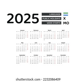 Sierra Leone Calendar 2025. Week starts from Monday. Vector graphic design. English language.