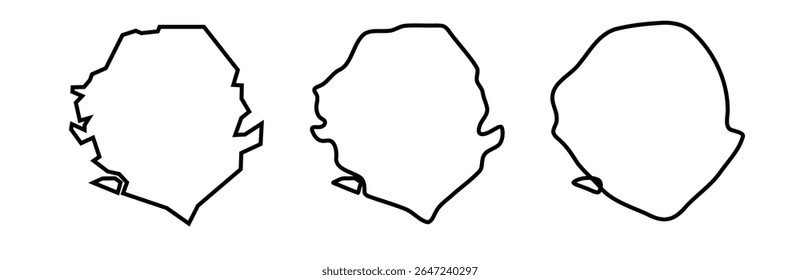 Serra Leoa país preto silhuetas contorno em três diferentes níveis de suavidade. Mapas simplificados. Ícones de vetor isolados no plano de fundo branco.