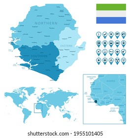 Sierra Leone detailed administrative blue map with country flag and location on the world map.