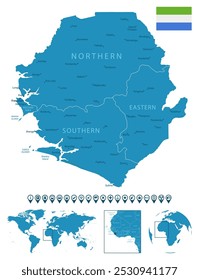 Sierra Leone - detailed blue country map with cities, regions. Location on world map and globe. Infographic icons. Vector illustration.