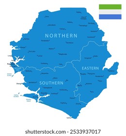 Sierra Leone - Detailed Blue Country Map with Cities and Regions. National Flag. Vector Illustration.