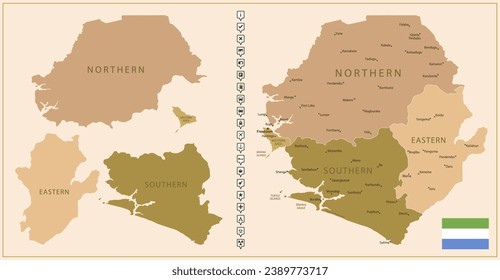 Sierra Leone - detailed map of the country in brown colors, divided into regions. Vector illustration