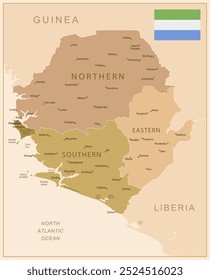 Sierra Leone - detailed map of the country in brown colors, divided into regions. Vector illustration