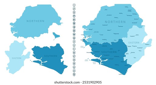 Sierra Leone - detailed map of the country in blue colors, divided into regions. Infographic icons. Vector illustration.