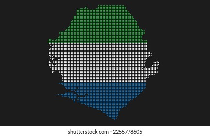 Sierra Leone dotted map flag with grunge texture in mosaic dot style. Abstract pixel vector illustration of a country map with halftone effect for infographic. 