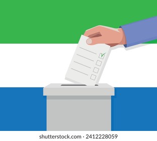 Sierra Leone election concept. Hand puts vote bulletin into vote box.