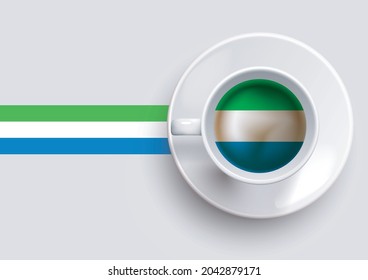 Sierra Leone	flag with coffee on top view, vector illustration. 
