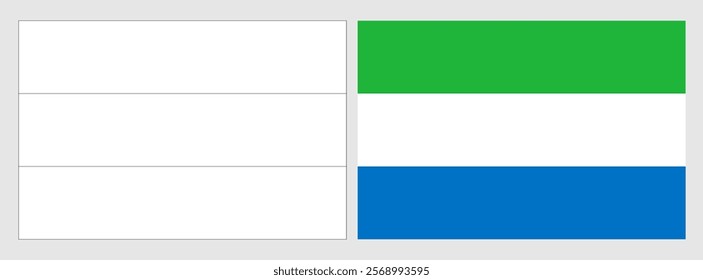 Sierra Leone flag - coloring page. Set of white wireframe thin black outline flag and original colored flag.