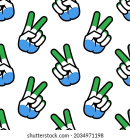 Sierra Leone flag in the form of a peace sign. Seamless background. Gesture V victory sign, patriotic sign, icon for apps, websites, T-shirts, souvenirs, etc., isolated on white background