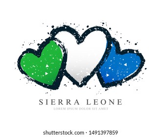 Sierra Leone flag in the form of three hearts. Vector illustration on a white background. Brush strokes are drawn by hand. Independence Day.