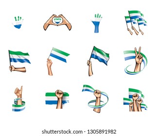 Sierra Leone flag and hand on white background. Vector illustration