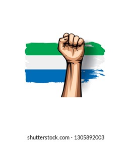 Sierra Leone flag and hand on white background. Vector illustration