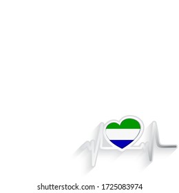 Sierra Leone flag heart shaped and heartbeat line isolated on white. Sierra Leone Patriotic Background. Vector illustration.