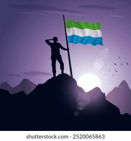 Bandeira de Serra Leoa hasteada em um pico de montanha com um pôr do sol roxo ao fundo, ilustração vetorial