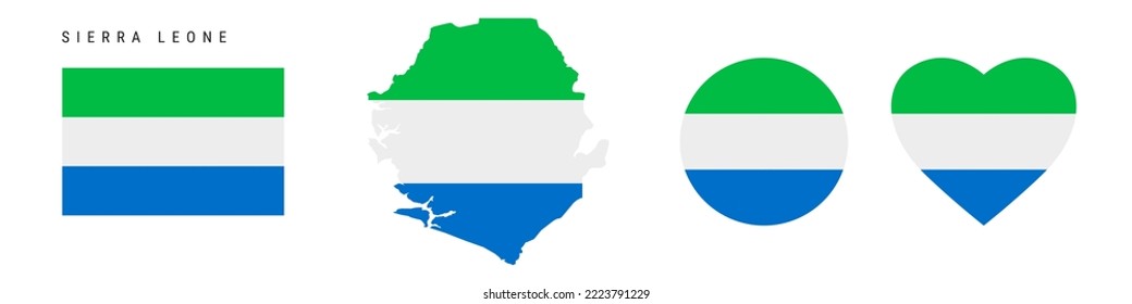 Sierra Leone flag icon set. Salone pennant in official colors and proportions. Rectangular, map-shaped, circle and heart-shaped. Flat vector illustration isolated on white.