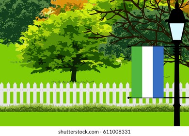 Sierra Leone Flag, Landscape of Park, Trees, Fence wooden and Street light Illustration 