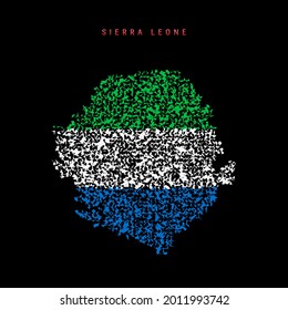 Mapa de la bandera de Sierra Leona, patrón de partículas caóticas en los colores de la bandera de Salone. Ilustración vectorial aislada en el fondo negro.