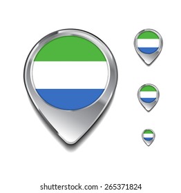 Sierra Leone flag map pointer. 3d Map Pointer with flag glossy button style on gray background