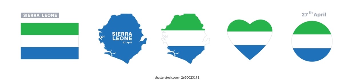  sierra leone flag and map set. sierra leone flag in official colors and proportions. independence day 27 april , map, circle and heart shaped sierra leone