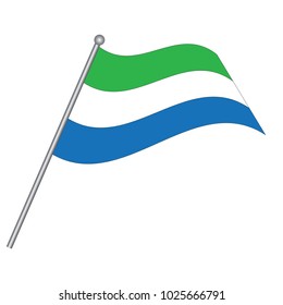 Sierra Leone flag. The national flag of Sierra Leone on a pole. The waving flag. The sign and symbol of the country. Realistic vector on white.