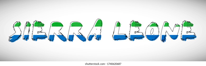 Sierra Leone flag on text typography. Country name banner strip. Creative typography background