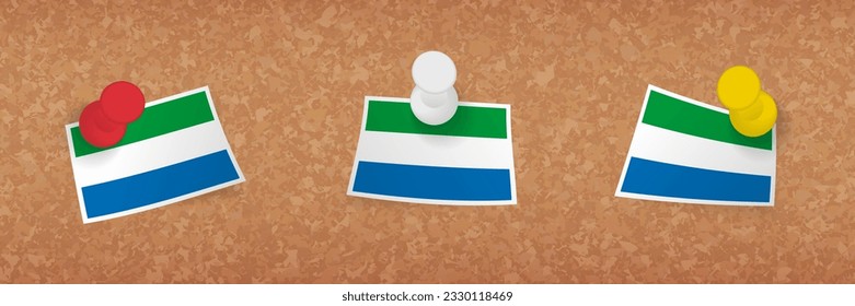 Sierra Leone flag pinned in cork board, three versions of Sierra Leone flag. Vector pushpins and flag set.