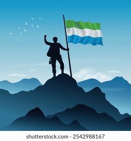 Sierra Leone Flagge auf einem Berggipfel mit klarem Himmel im Hintergrund, Vektorgrafik