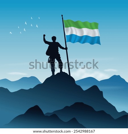 Sierra Leone Flag raised on a mountain peak with clear sky in the background, vector illustration