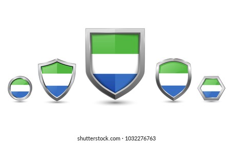 Sierra leone flag - silver badges with different shape shield, circle and hexagon - stock vector illustration