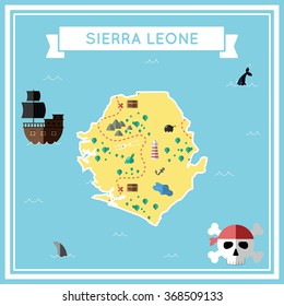 Sierra Leone flat treasure map. Colorful cartoon treasure map of Sierra Leone with flat icons of pirate ship, jolly roger, treasure chest and banner ribbon. Flat design vector illustration.