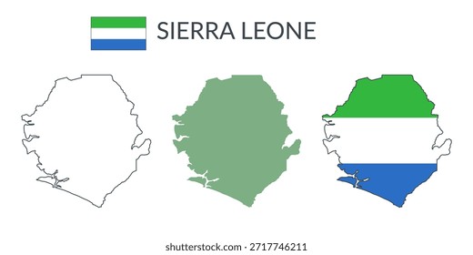 Fronteiras geográficas de Serra Leoa isoladas sobre fundo branco. Bandeira de Serra Leoa. Cliparts planas vetoriais.