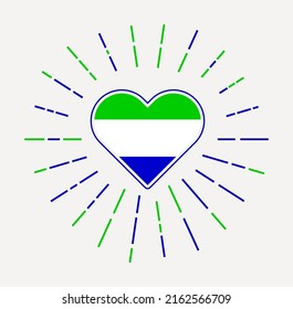 Sierra Leone heart with flag of the country. Sunburst around Sierra Leone heart sign. Vector illustration.