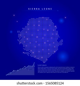 Sierra Leone illuminated map with glowing dots. Infographics elements. Dark blue space background. Vector illustration. Growing chart, lorem ipsum text.