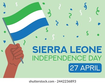 Tag der Unabhängigkeit Sierra Leones 27. April. Sierra Leone Flagge in der Hand. Grußkarte, Poster, Bannervorlage