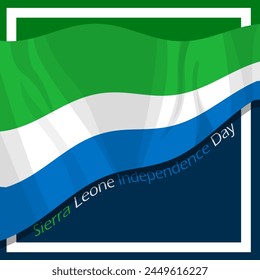 Sierra Leone Independence Day event banner. Sierra Leone flag flying on dark green and blue background to celebrate on April 27th