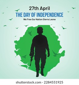 Sierra Leone Independence Day Social Media Post, Greeting Card, Vector Illustration. 27th of April Sierra Leonean National Holiday Day Background with Elements of National Color, Map, Army, Pigeon.